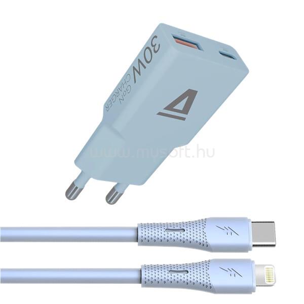 AVAX CH6416 30W GaN töltő és USB-C-Lightning szilikon kábel, világoskék
