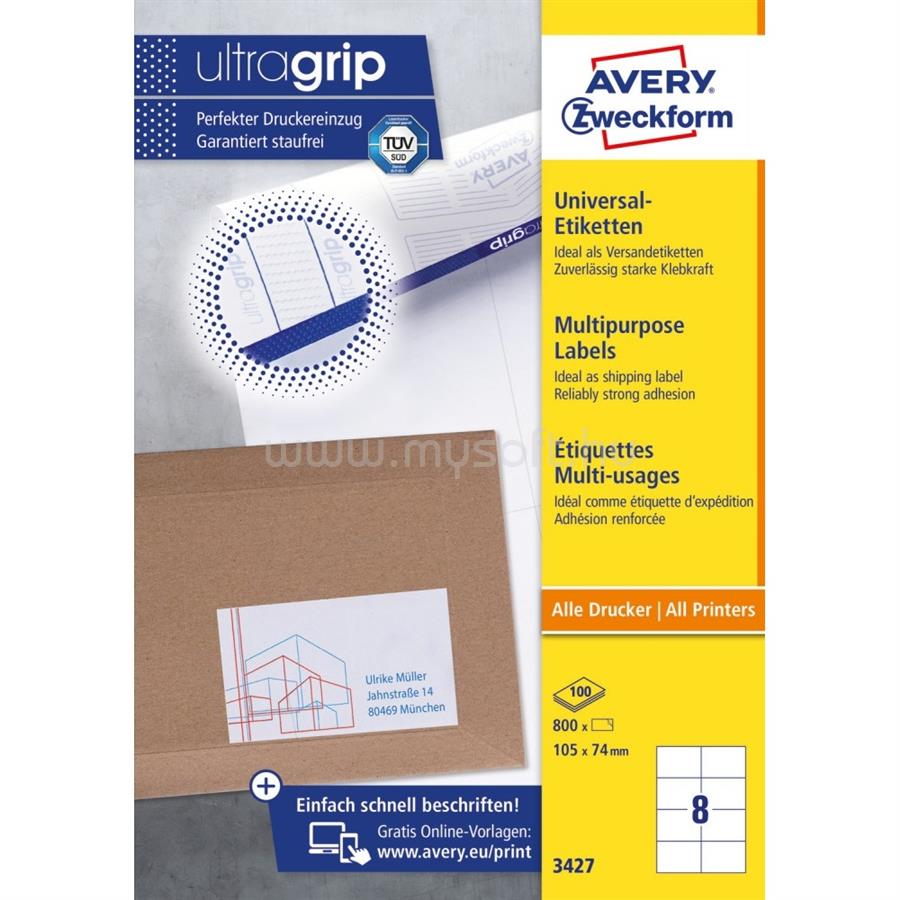 AVERY Etikett címke, 105 x74mm, univerzális, 8 címke/ív, 100 ív/doboz, fehér