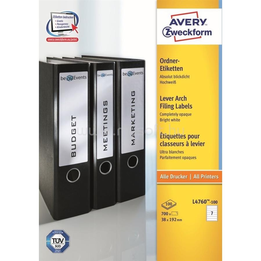 AVERY Etikett címke, 192 x38mm, iratrendezőre 7 címke/ív, 100 ív/doboz, fehér