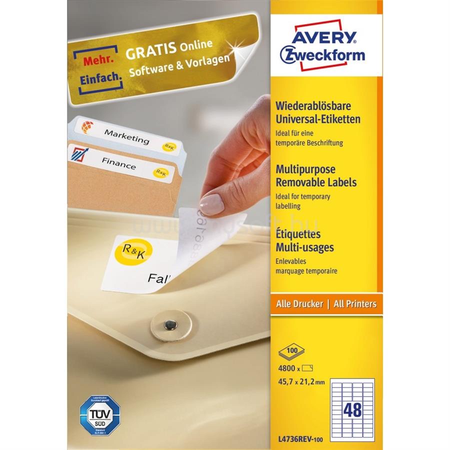 AVERY Etikett címke, 45,7 x21,2mm, univerzális visszaszedhető, 48 címke/ív, 100 ív/doboz, fehér