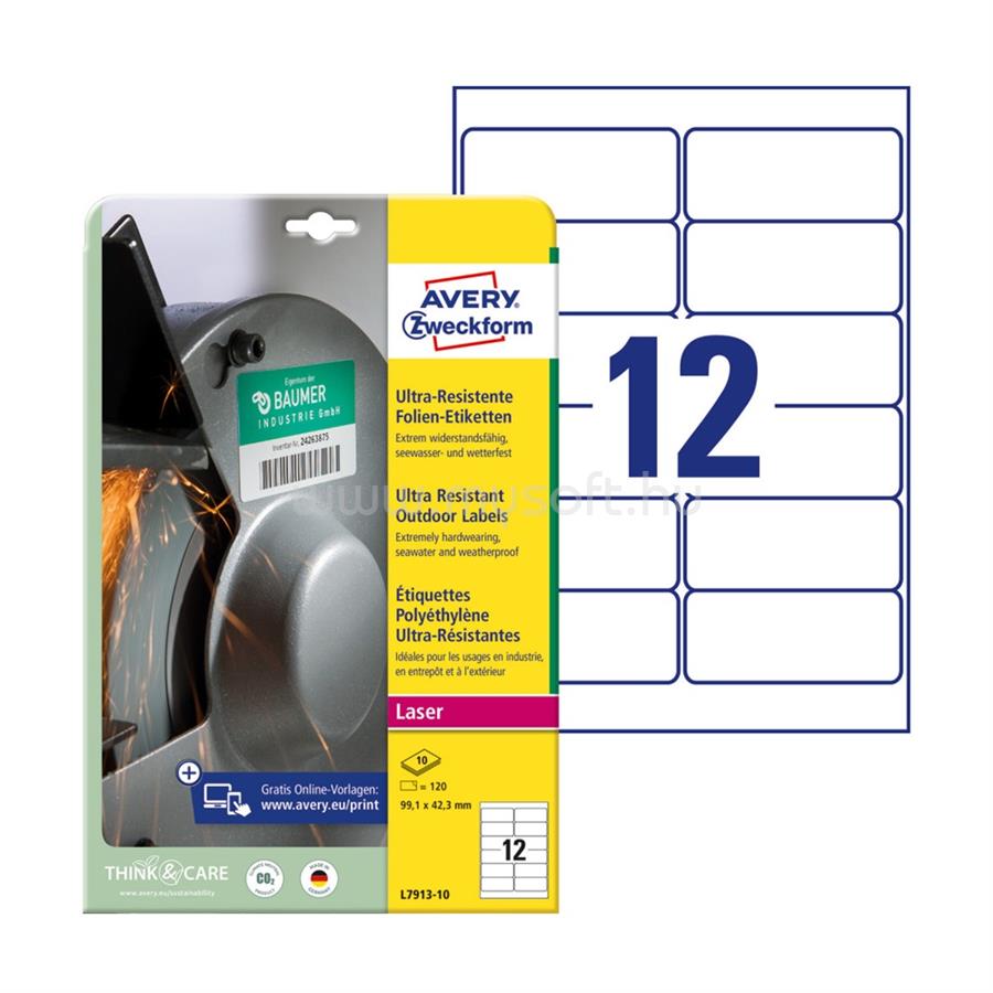 AVERY Etikett címke, 99,1 x42,3mm, ultra ellenálló 12 címke/ív, 10 ív/doboz, fehér