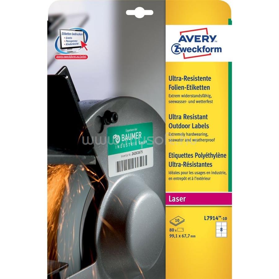 AVERY Etikett címke, 99,1 x67,7mm, ultra ellenálló 8 címke/ív, 10 ív/doboz, fehér