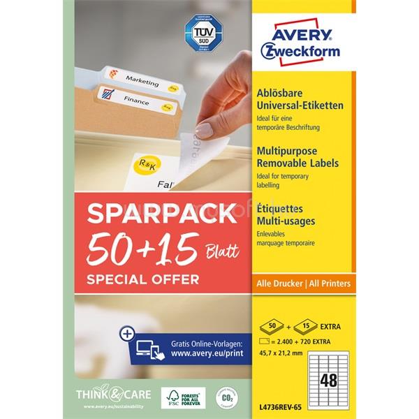 AVERY L4736REV-65 45,7x21,2 mm visszaszedhető univerzális 50+15 lap 3120 db-os etikett