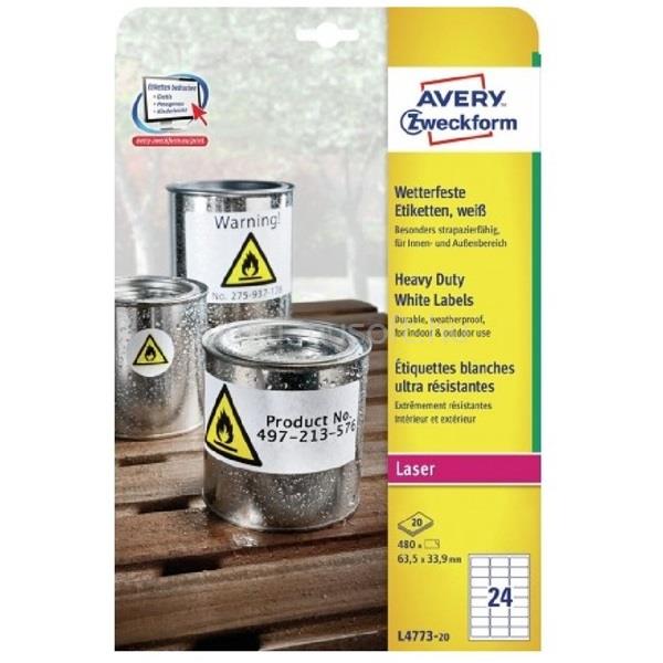 AVERY L4773-20 63,5×33,9mm vízálló 480db-os fehér etikett