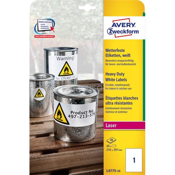 AVERY L4775-20 210×297mm vízálló 20db-os fehér etikett
