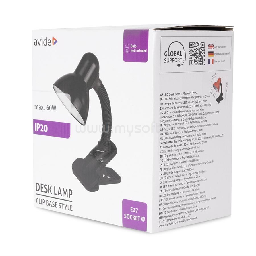 AVIDE Asztali lámpa, Basic csiptethető, max. 60W, AVIDE, fekete