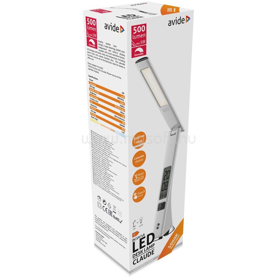AVIDE Asztali LED lámpa, Claude, kijelzős, 5W, 5000K, AVIDE, fehér