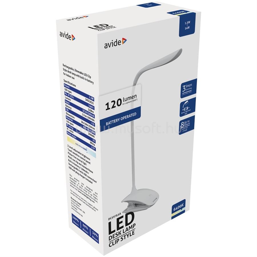 AVIDE Asztali LED lámpa, csiptethető, 1,5W, 6400K, AVIDE, fehér