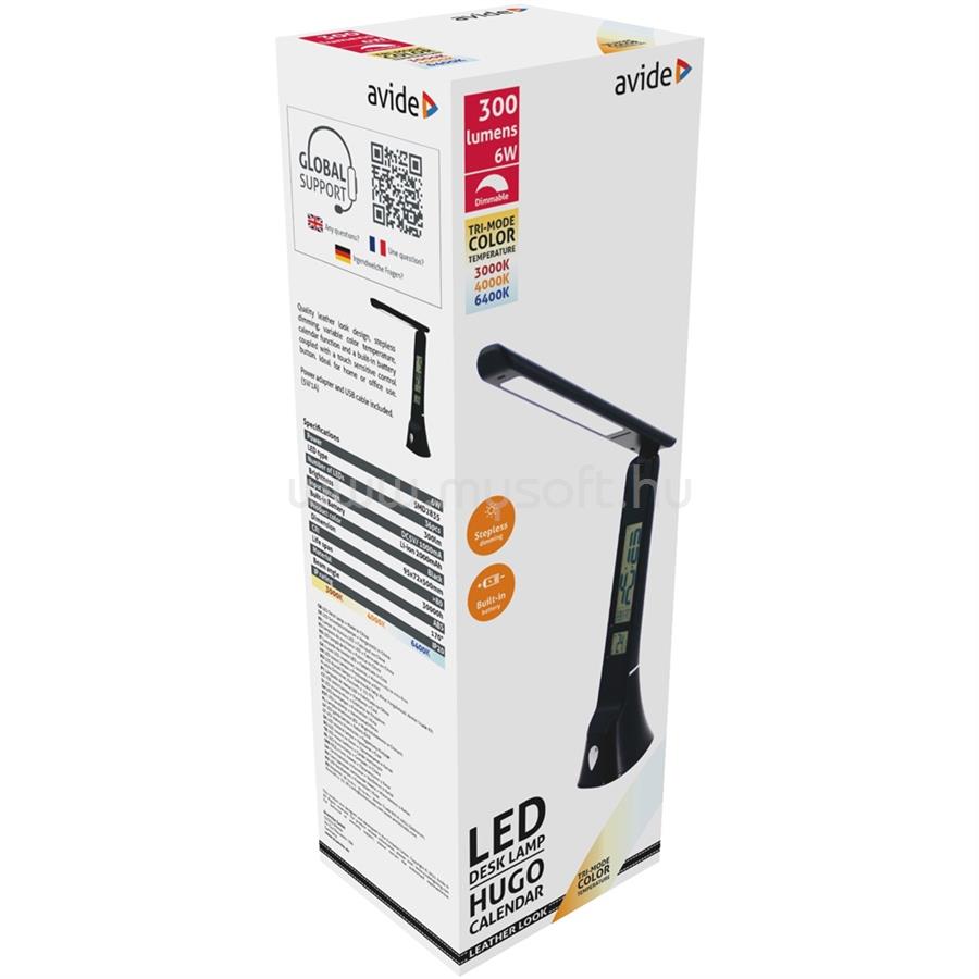 AVIDE Asztali LED lámpa, Hugo, kijelzős, 6W, 5000K, AVIDE, fekete