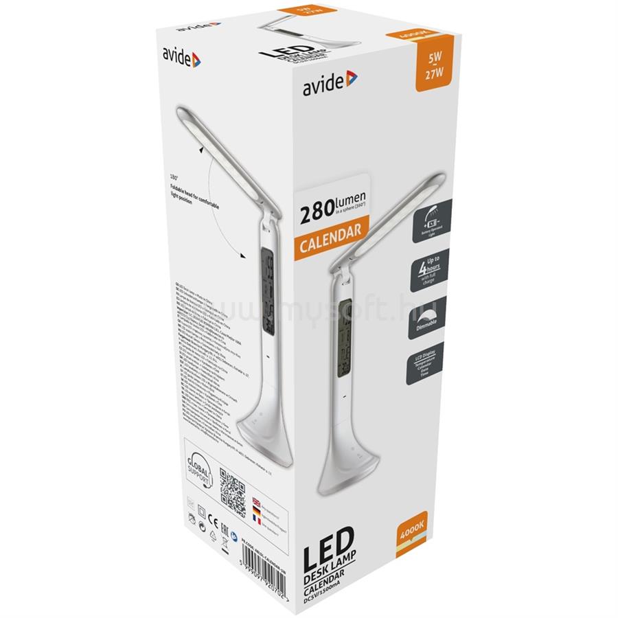 AVIDE Asztali LED lámpa, kijelzővel, 5W, 4000K, AVIDE, fehér