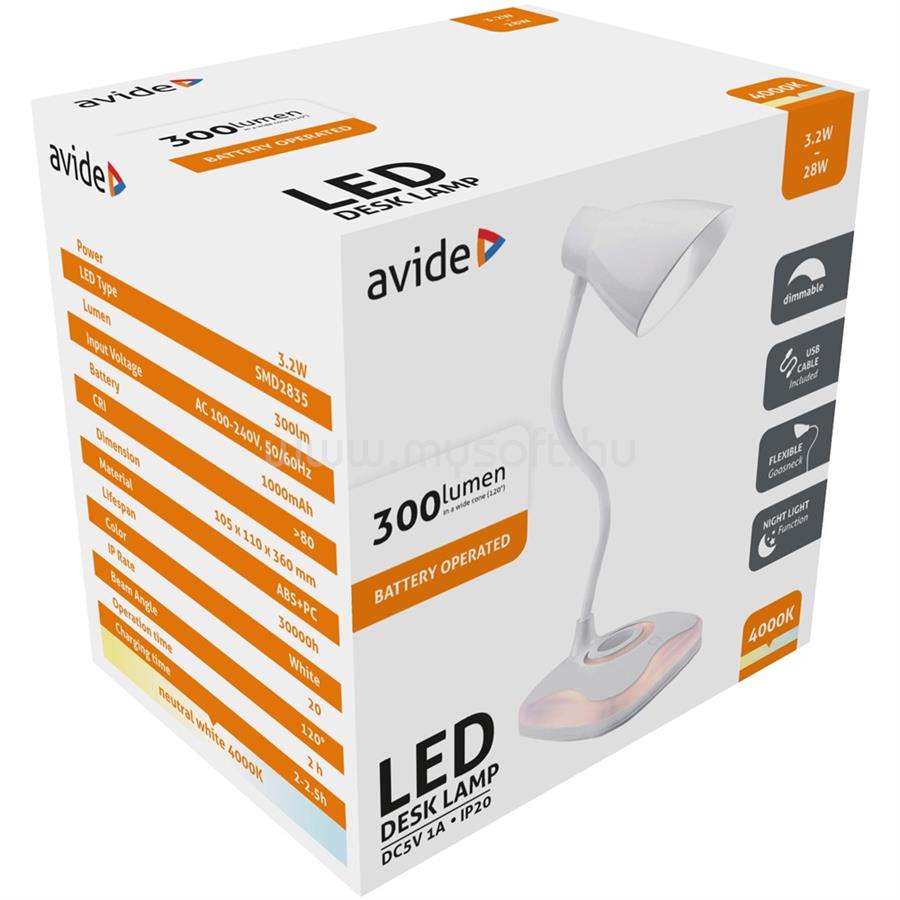 AVIDE Asztali LED lámpa, USB, 3,2W, 4000K, AVIDE, fehér