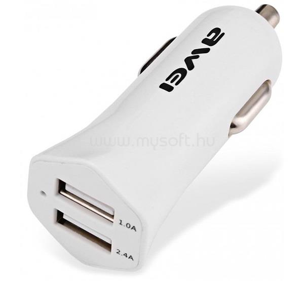 AWEI autós töltő 2 USB aljzat 12W, gyorstöltő, FEHÉR