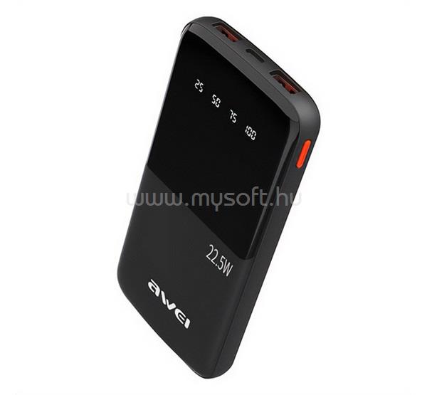 AWEI AWEI P10K vésztöltő 2 USB+Type-C aljzat 10000mAh, LED kijelző, FEKETE