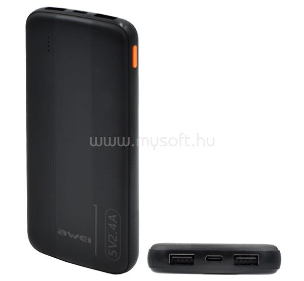 AWEI AWEI P20K vésztöltő 2 USB+Type-C aljzat 10000mAh, PD gyorstöltő, FEKETE