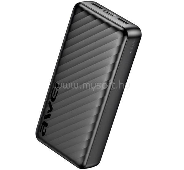 AWEI AWEI P6K Pro vésztöltő 2 USB+Type-C aljzat 20000mAh, LED jelzés, FEKETE
