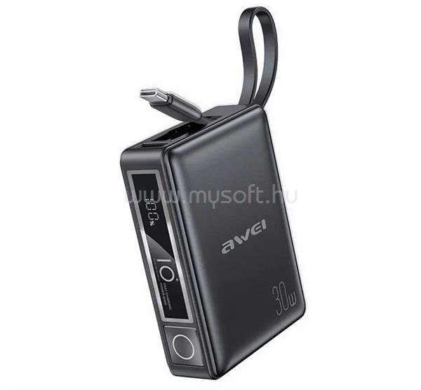 AWEI AWEI P87K vésztöltő USB+Type-C aljzat 10000mAh, PD gyorstöltő + fix Type-C kábel, FEKETE