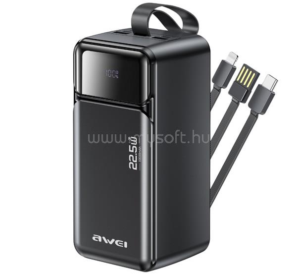 AWEI AWEI PA-107 vésztöltő 3 USB aljzat 50000mAh, PD gyorstöltő 3.0 + fix Type-C/lightning kábel, FEKETE