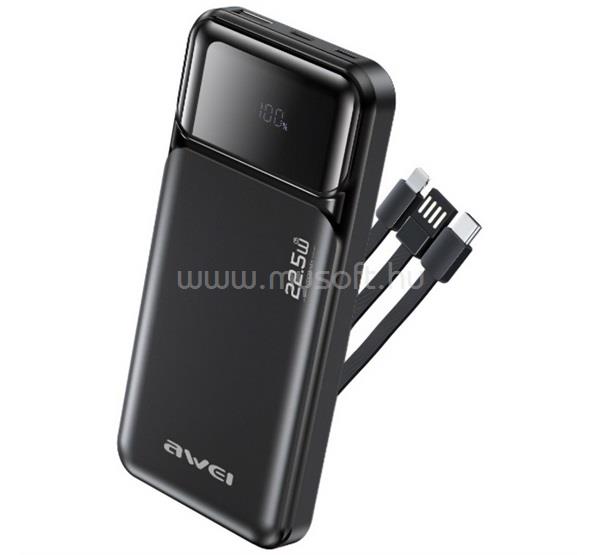 AWEI AWEI PA-91 vésztöltő USB+2 Type-C aljzat 10000mAh, gyorstöltő + fix USB/Type-C/lightning kábel, FEKETE