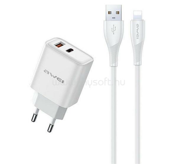 AWEI AWEI PD81L-EU hálózati töltő USB+Type-C aljzat 22.5W, PD gyorstöltő + lightning kábel, FEHÉR