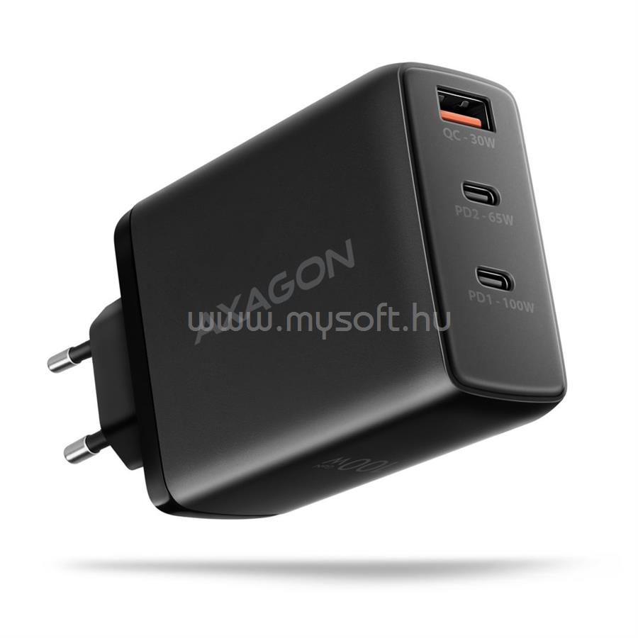 AXAGON ACU-DPQ100 3x port (USB + dual USB-C), PD3.0/QC4+/PPS/Apple 100W fekete GaN töltő