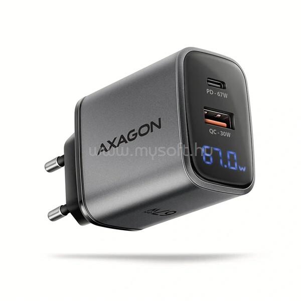 AXAGON ACU-PQ67D PD3.0 & QC4+ 2× OUTPUTS, LCD kijelzővel és két kimenettel (USB-A + USB-C) 67W GaN hálózati töltő