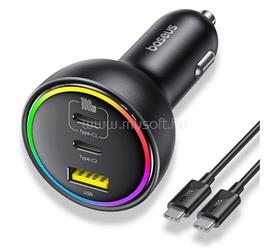 BASEUS autós töltő 2 Type-C+USB aljzat 152.5W, LED fény + csévélhető lapos Type-C kábel, FEKETE C00036101111-00 small