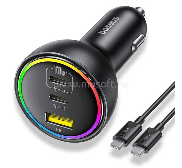 BASEUS autós töltő 2 Type-C+USB aljzat 152.5W, LED fény + csévélhető lapos Type-C kábel, FEKETE