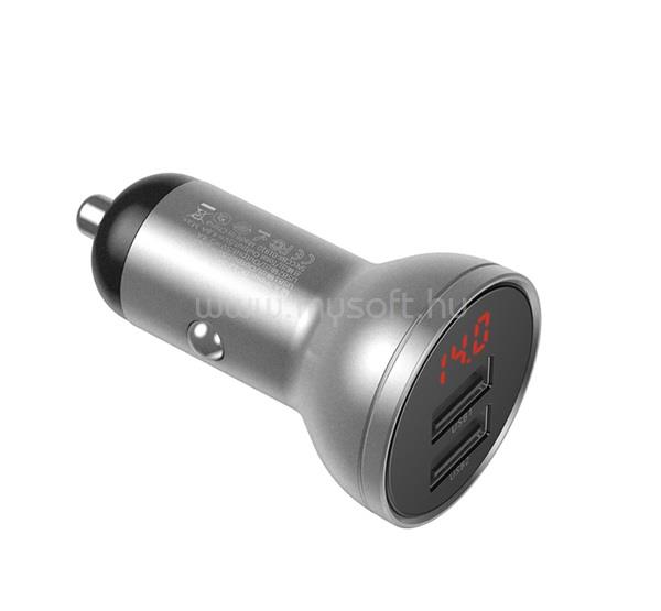 BASEUS autós töltő 2 USB aljzat 24W, LED kijelző, EZÜST