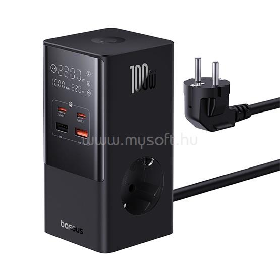BASEUS PowerCombo 100W-os töltőállomás, 2 db aljzat, 2xUSB, 2xType-C, digitális kijelzővel