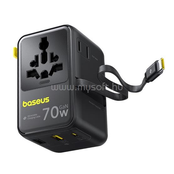 BASEUS EnerCore CG11 töltőállomás, 70W, 1×AC + 2×USB Type-A + 1×USB Type-C + 1×USB Type-C automata behúzós kábel (fekete)