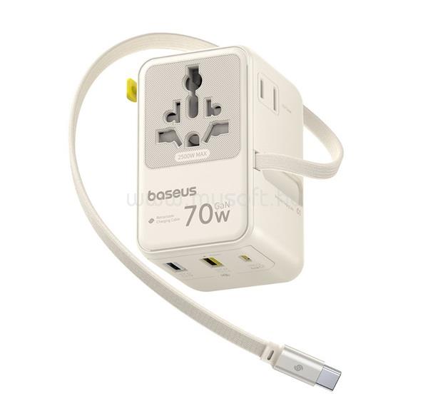 BASEUS BASEUS ENERCORE CG11 utazó töltő 2 USB+Type-C aljzat 70W, AU + fix Type-C kábel, BÉZS