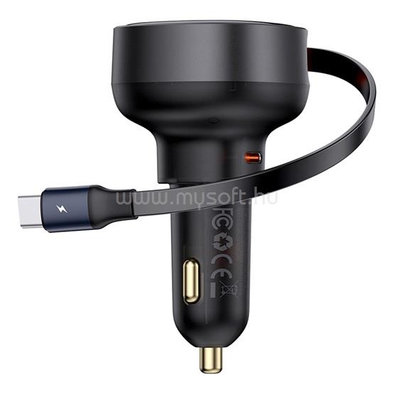 BASEUS ENJOYMENT PRO autós töltő Type-C aljzat 60W, PD gyorstöltő 3.0 + csévélhető lapos Type-C kábel, FEKETE