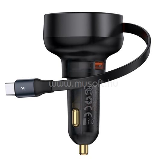 BASEUS Enjoyment Pro Car Charger U+Retractable Type-C Cable 60W autós gyorstöltő automatata behúzós kábellel (fekete)