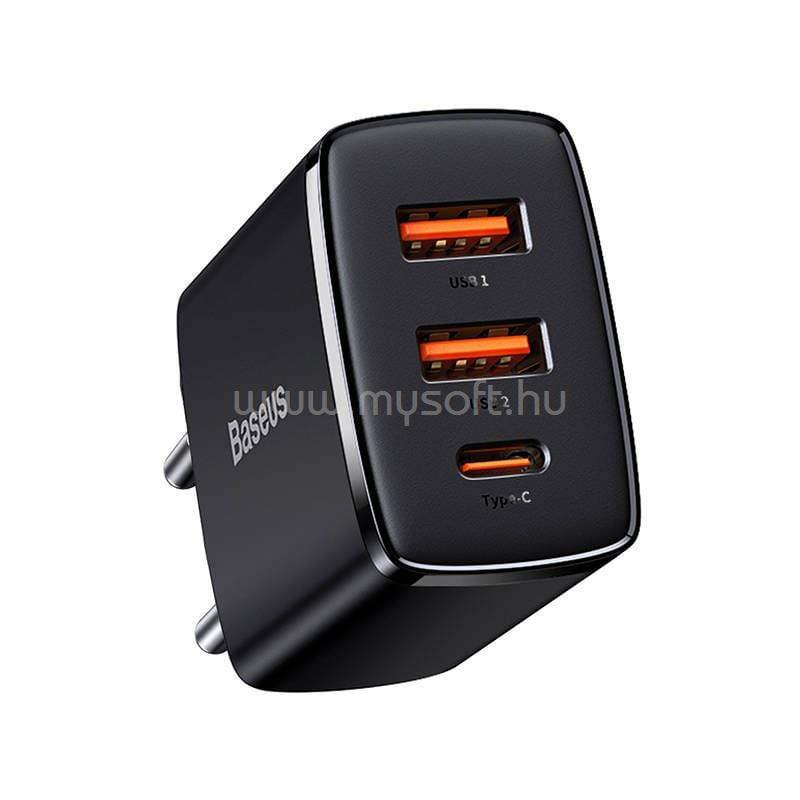 BASEUS COMPACT hálózati töltő 2 USB+Type-C aljzat 20W, PD gyorstöltő 3.0, FEKETE