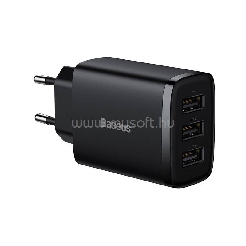 BASEUS COMPACT hálózati töltő 3 USB aljzat 17W, gyorstöltő, FEKETE