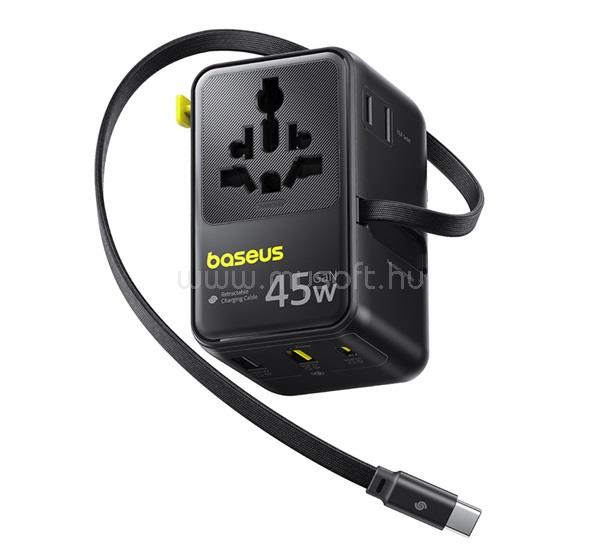 BASEUS BASEUS PICOGO AG11 utazó töltő 2 USB+Type-C aljzat 45W, AU + fix Type-C kábel, FEKETE