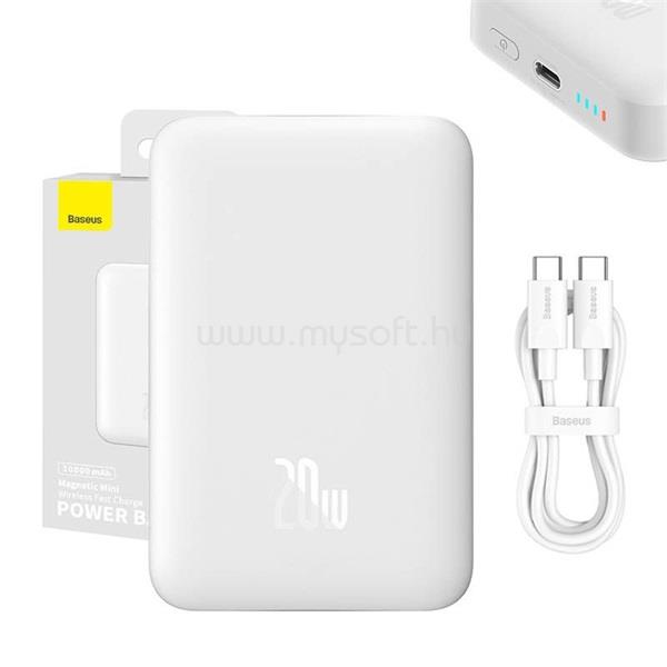 BASEUS MAGNETIC MINI OS vésztöltő Type-C aljzat 10000mAh, mágneses + Type-C kábel, FEHÉR