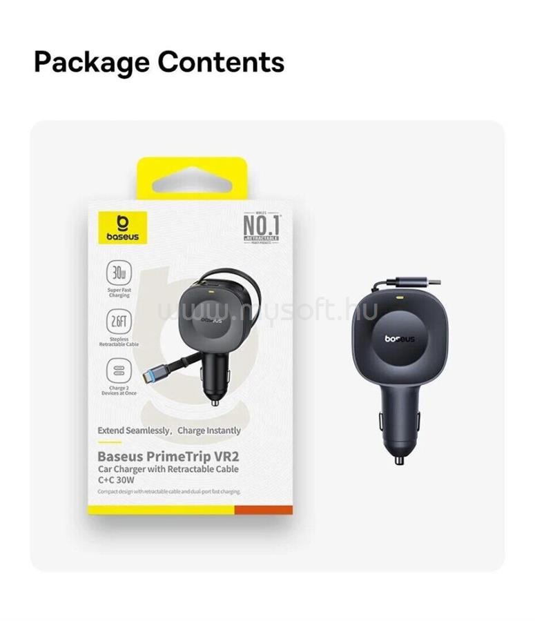 BASEUS PrimeTrip VR2 autós gyorstöltő 30W, USB Type-C + USB Type-C automata behúzós kábel (fekete)