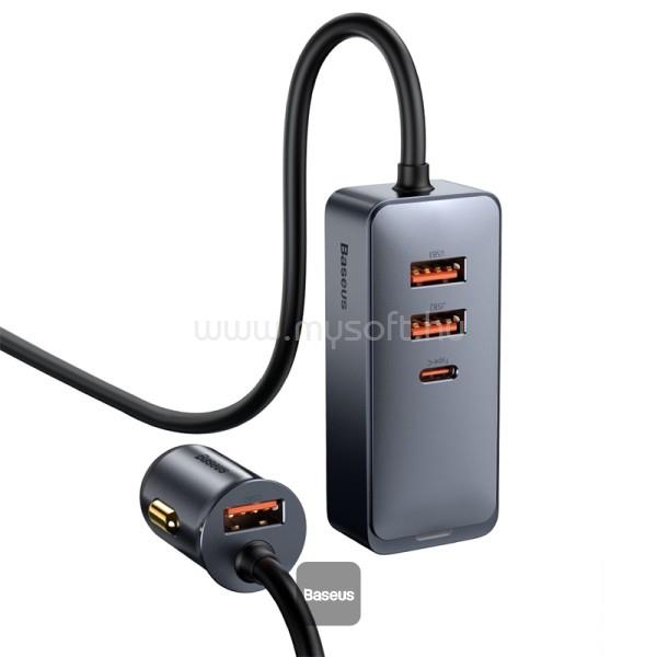 BASEUS autós töltő 3 USB+Type-C aljzat 120W, PD gyorstöltő + 1.5m hosszabbító, SZÜRKE