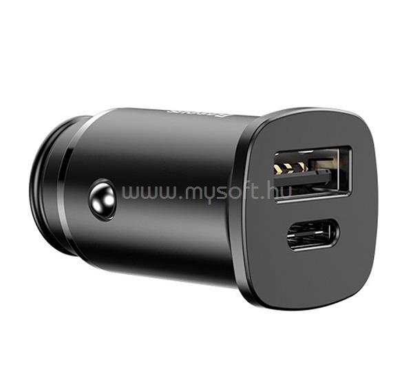 BASEUS SQUARE autós töltő USB+Type-C aljzat 30W, PD gyorstöltő 4.0, FEKETE