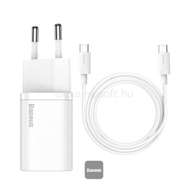 BASEUS Super Si hálózati gyorstöltő 25W, USB Type-C, fehér + 3A USB Type-C, 1m kábel