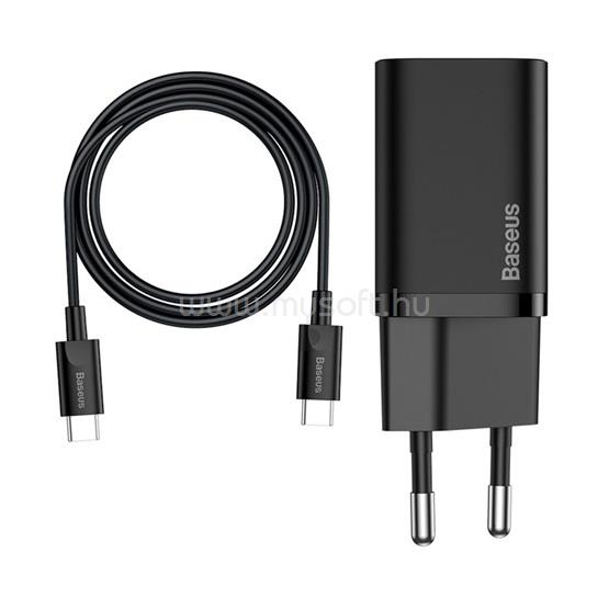 BASEUS Super Si hálózati gyorstöltő 25W, USB Type-C, fekete + 3A USB Type-C, 1m kábel