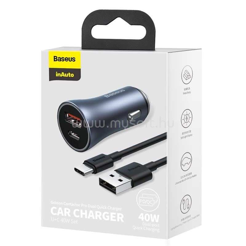 BASEUS TZCCJD-0G Gold. Cont. Pro autós gyorstöltő USB-A, USB-C, 40W 5A 1m kábellel (sötétszürke)