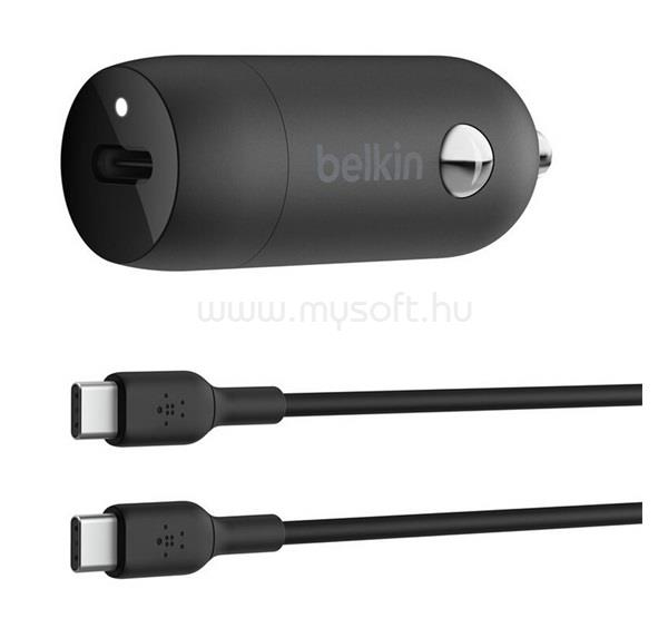 BELKIN BELKIN BOOST CHARGE autós töltő Type-C aljzat 30W, PD gyorstöltő + Type-C kábel, FEKETE