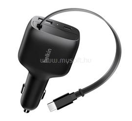 BELKIN BELKIN BOOSTCHARGE autós töltő USB+Type-C aljzat 75W, csévélhető Type-C kábel, FEKETE CCC001HQBK small
