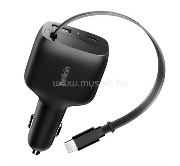 BELKIN BELKIN BOOSTCHARGE autós töltő USB+Type-C aljzat 75W, csévélhető Type-C kábel, FEKETE