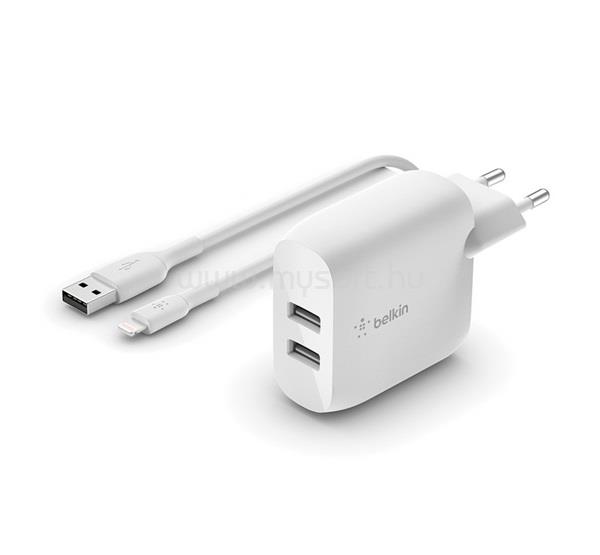 BELKIN BELKIN BOOSTCHARGE hálózati töltő 2 USB aljzat 24W, gyorstöltő + lightning kábel, FEHÉR