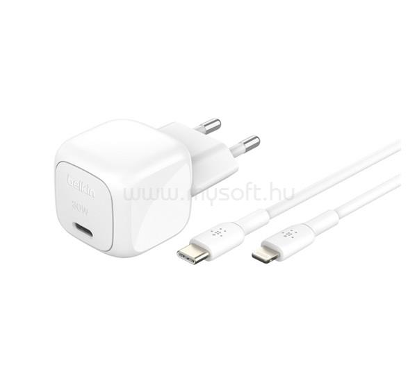 BELKIN BELKIN BOOSTCHARGE hálózati töltő Type-C aljzat 30W, PD gyorstöltő 3.0 + lightning kábel, FEHÉR