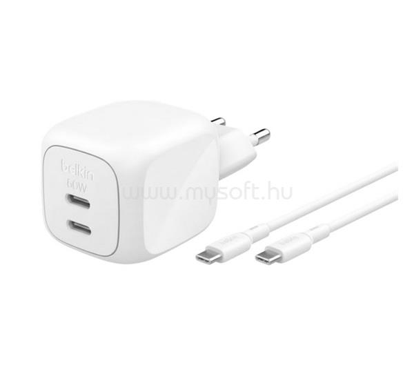 BELKIN BELKIN BOOSTCHARGE PRO hálózati töltő 2 Type-C aljzat 50W, PD gyorstöltő + Type-C kábel, FEHÉR