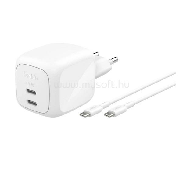 BELKIN BELKIN BOOSTCHARGE PRO hálózati töltő 2 Type-C aljzat 67W, PD gyorstöltő + Type-C kábel, FEHÉR